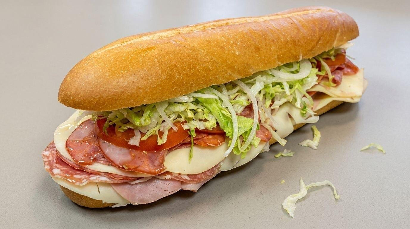 Subarama Italian sub loaded with meats, cheese, lettuce, tomato and onion on house-baked bread