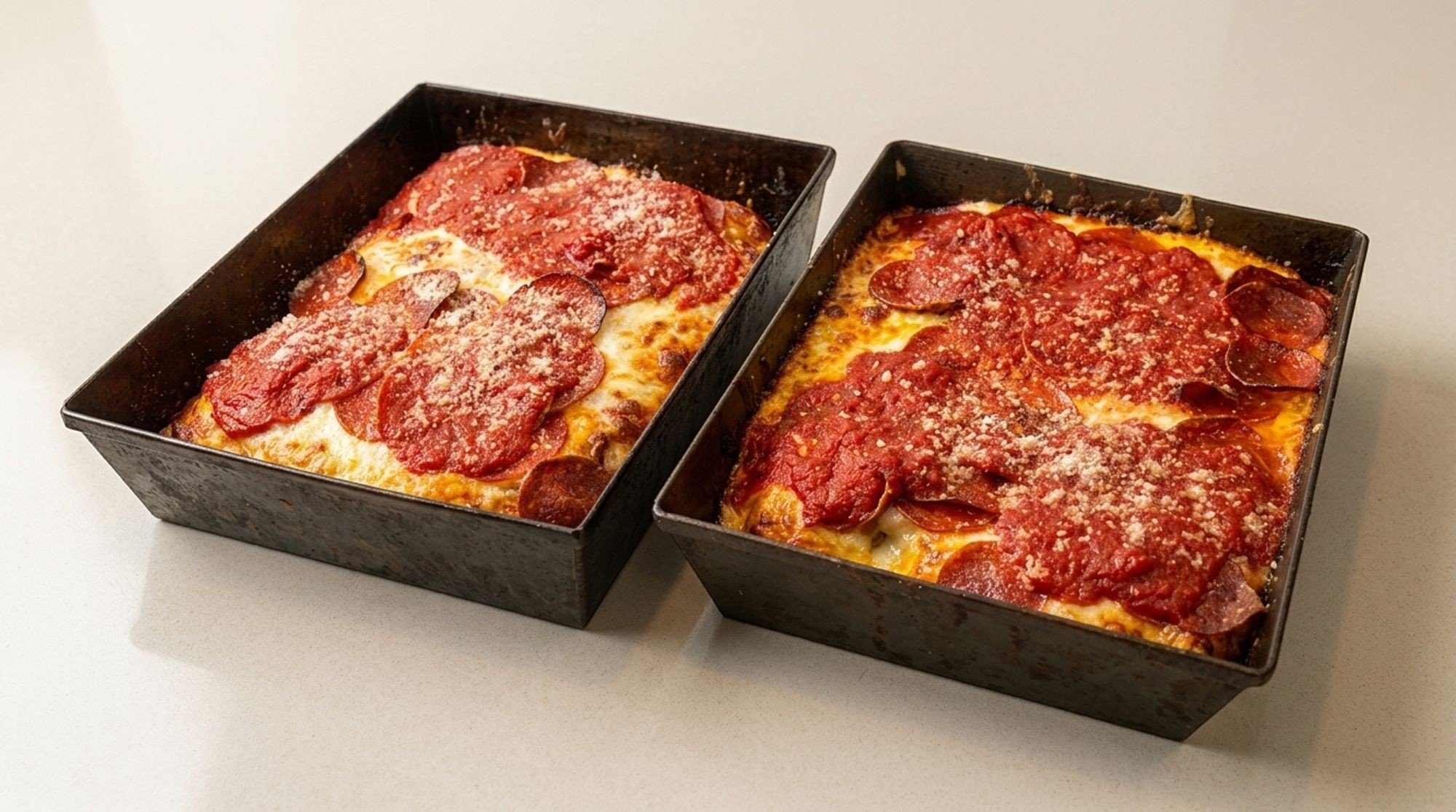 Two Detroit-style square pan pizzas topped with pepperoni, sauce and parmesan